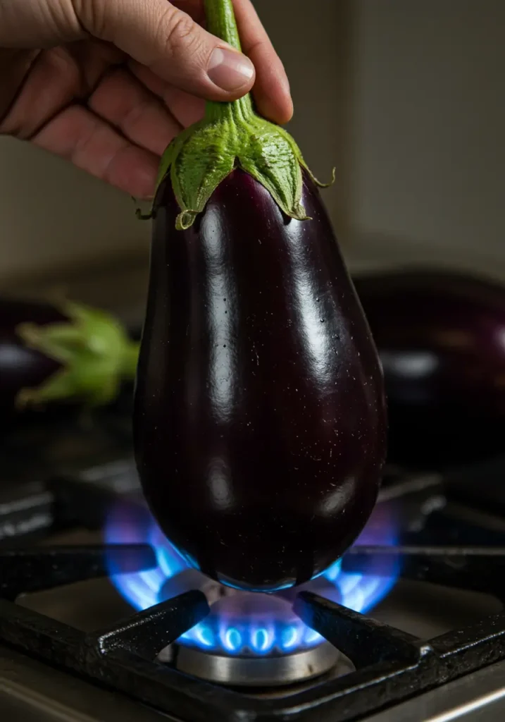 Roasting eggplant on an open flame for Turkish dips eggplant recipe