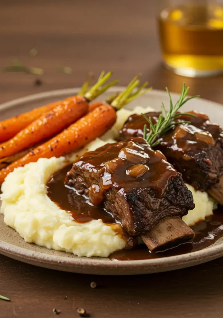 Stovetop short ribs with rosemary and garlic served on mashed potatoes