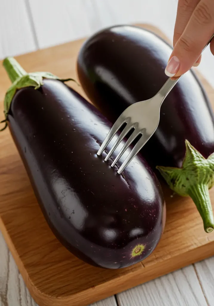 Preparing eggplant by piercing before roasting for Turkish dips eggplant recipe