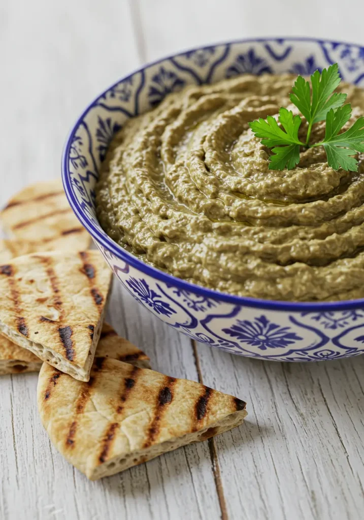 Smoky Mediterranean eggplant dip with yogurt, garlic, and parsley served in a ceramic bowl