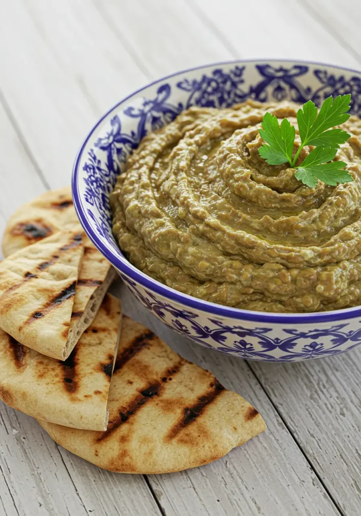 Authentic Turkish dips eggplant served in a traditional bowl with grilled pita bread on the side
