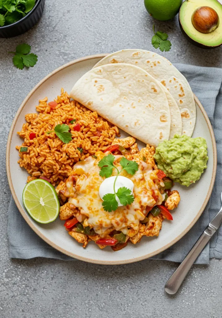 Cheesy Baked Fajita Chicken served with Mexican rice, flour tortillas, guacamole, and lime — easy Tex-Mex dinner idea.