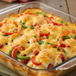 Oven-baked cheesy chicken fajitas in a casserole dish with bell peppers and golden cheese, resting on a rustic wooden table.