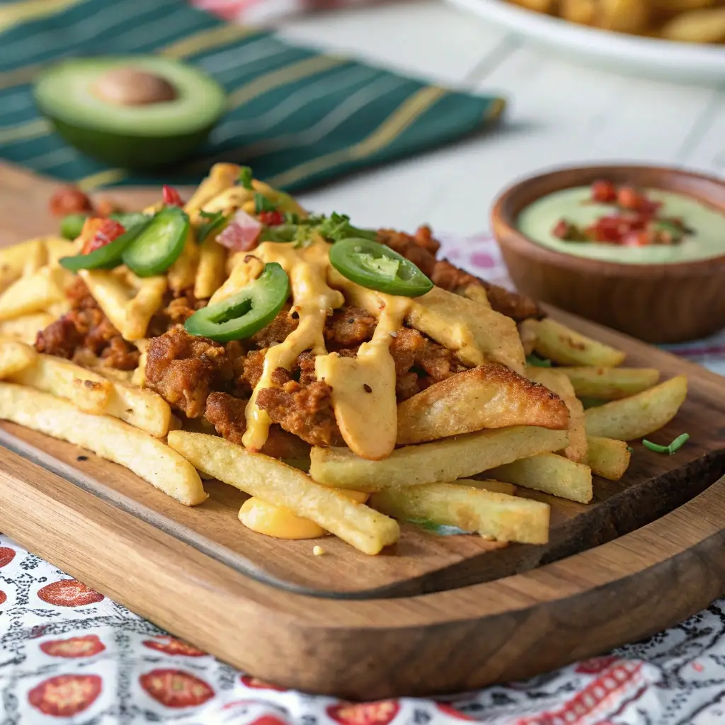 Loaded Mexican chicken cheese fries with jalapeños and cheddar sauce served with avocado crema
