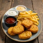 Plate of chicken nuggets and French fries with ketchup, ranch, and mustard dipping sauces on a rustic wooden table