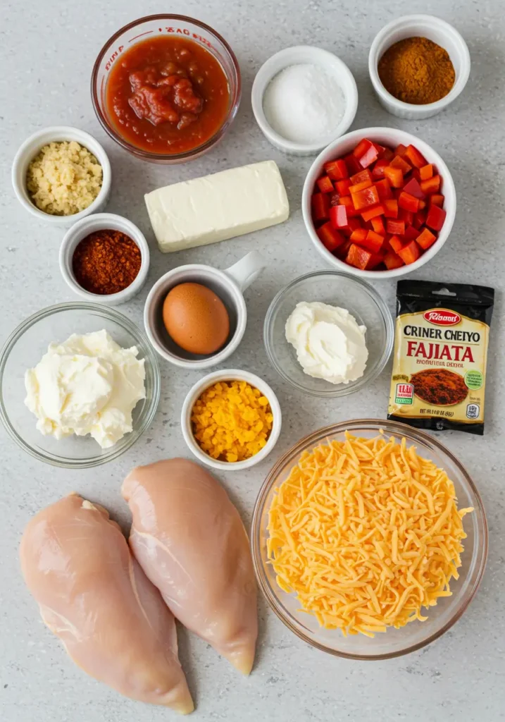 Ingredients for cheesy baked fajita chicken laid out, including raw chicken breasts, fajita seasoning, salsa, cream cheese, and cheddar.