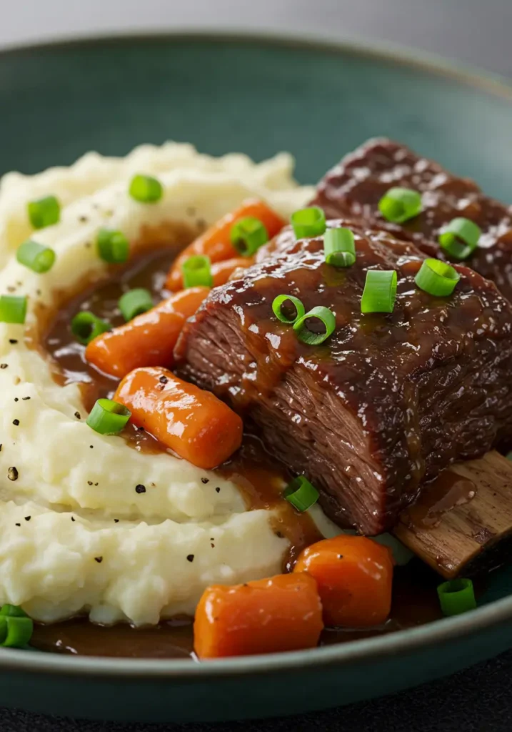Tender flat short ribs recipe with mashed potatoes, carrots, and rich gravy