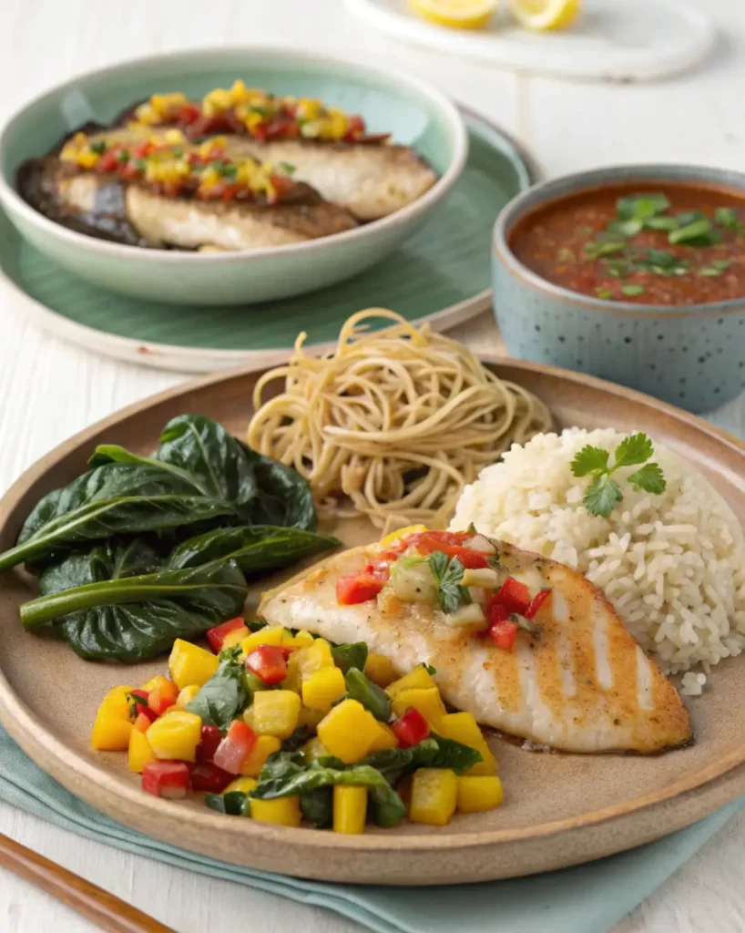Global tilapia sides including mango salsa, rice, soba noodles, and sautéed greens – what goes well with tilapia