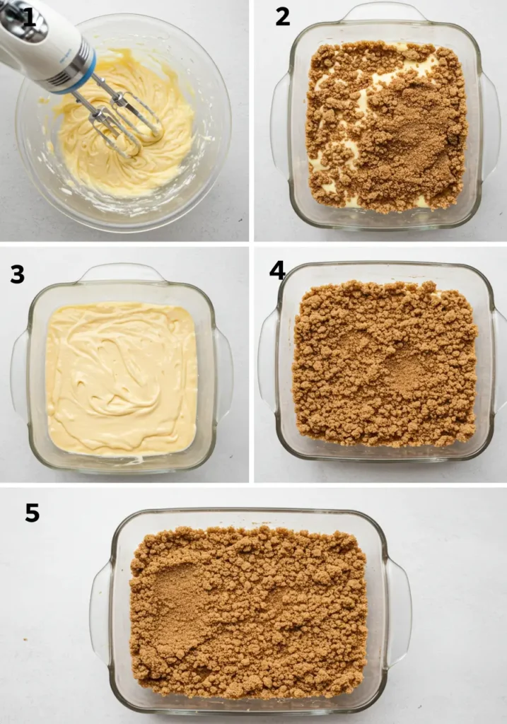 Step-by-step images of gluten free coffee cake batter and crumb topping in a glass pan
