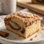 Gluten free crumb cake with golden topping on ceramic plate