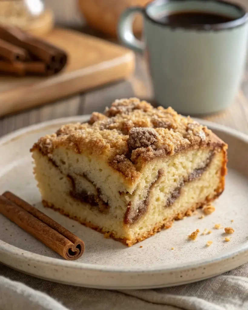 Cinnamon-swirled gluten free coffee cake on a plate with black coffee