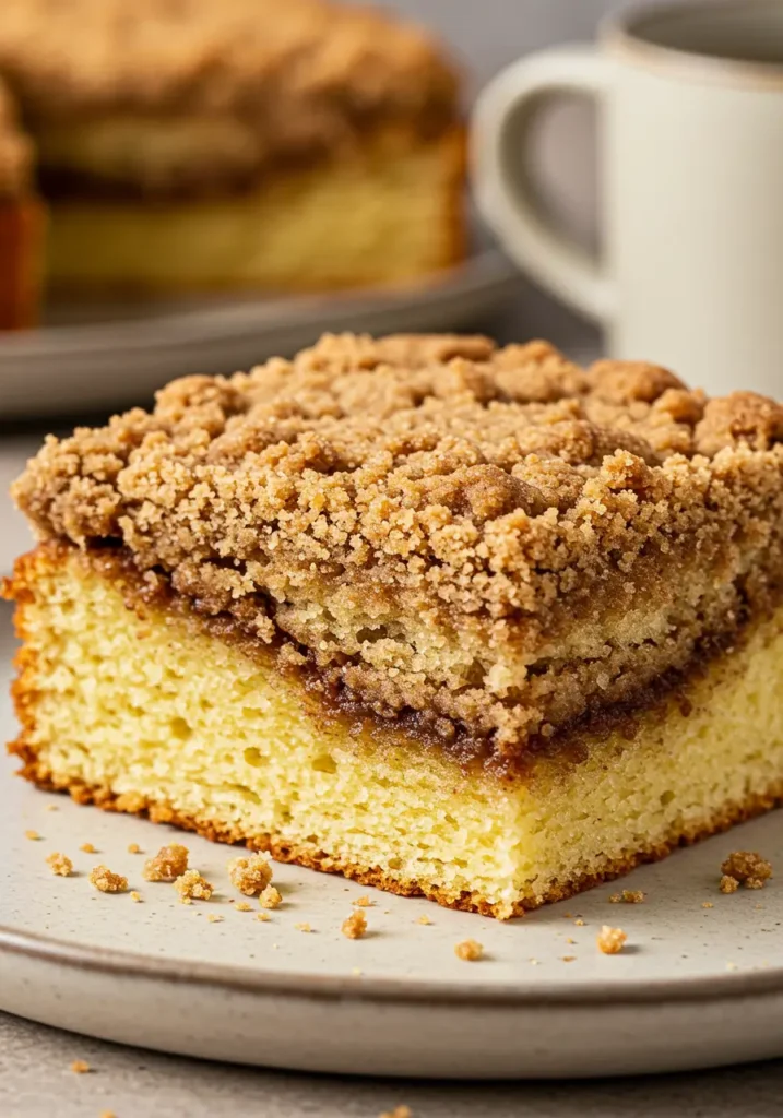 Moist gluten free coffee cake slice with cinnamon swirl and streusel crumb