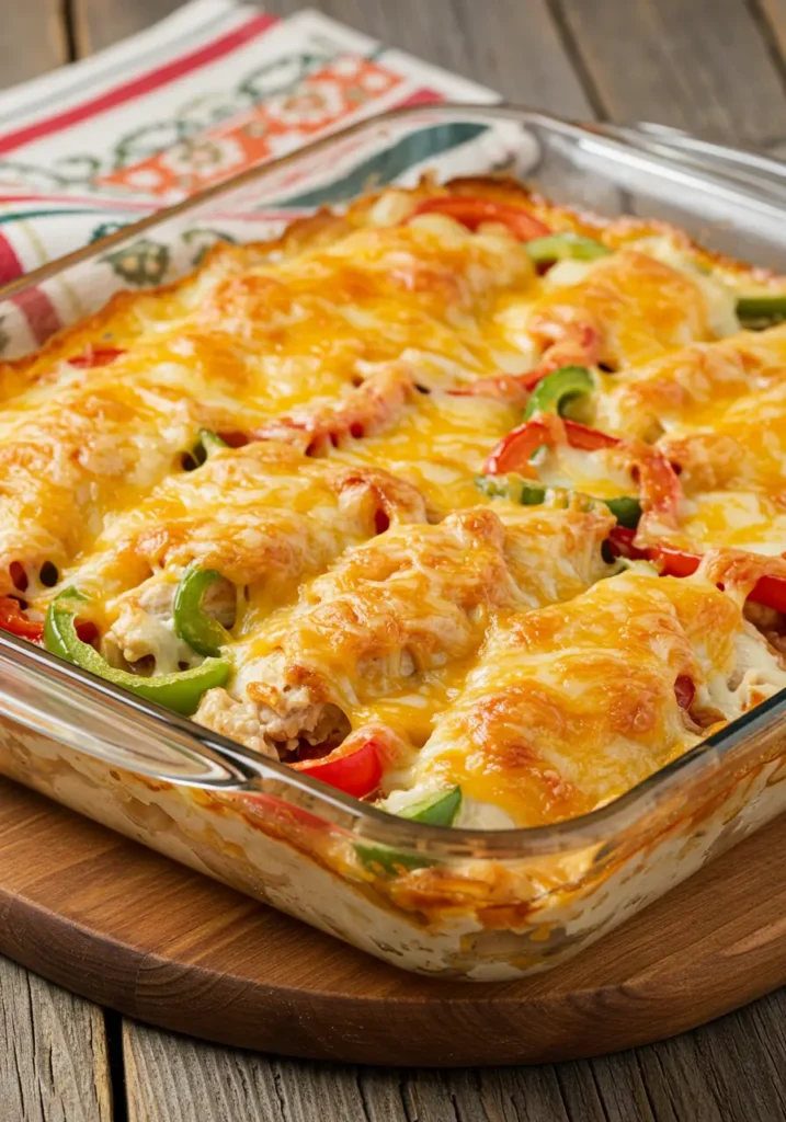 Cheesy Baked Fajita Chicken in a glass dish layered with melted cheese, red and green bell peppers, and juicy chicken breast.