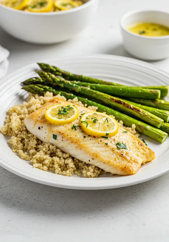 Lemon garlic tilapia on quinoa with roasted asparagus – perfect healthy option for what to serve with tilapia