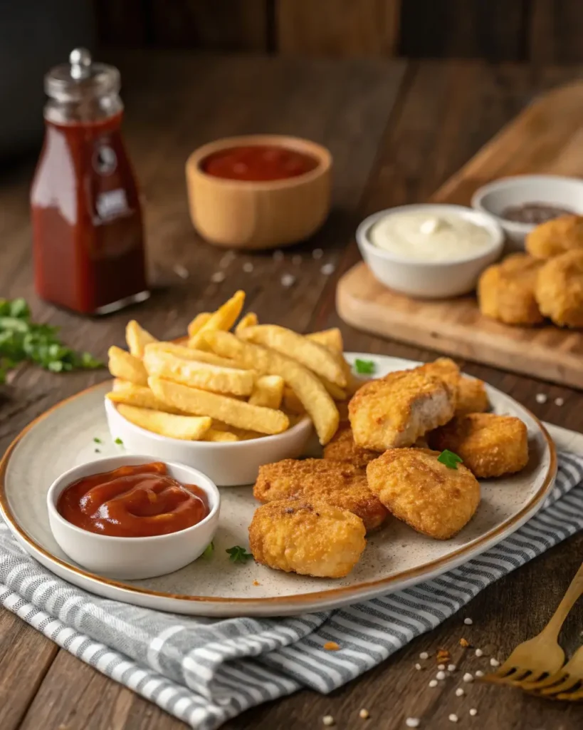 Crispy chicken nuggets and fries served on a dinner plate with dipping sauces on a wooden table