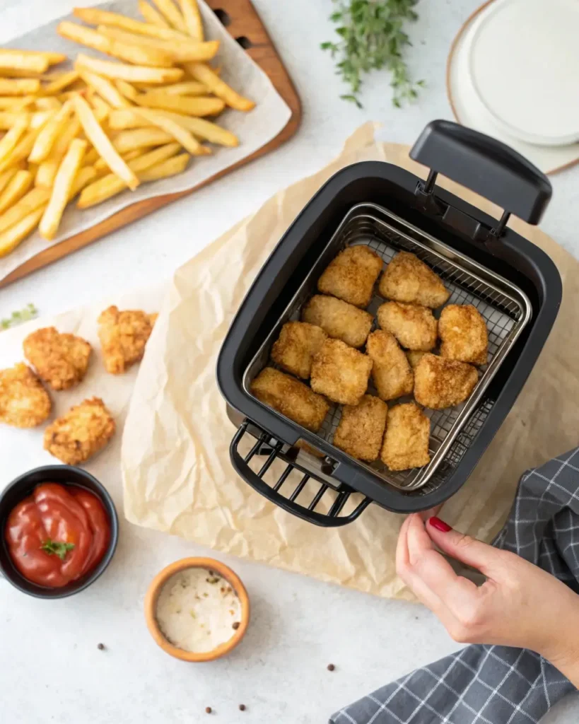 Homemade chicken nuggets cooking in an air fryer with French fries and dipping sauces on the side