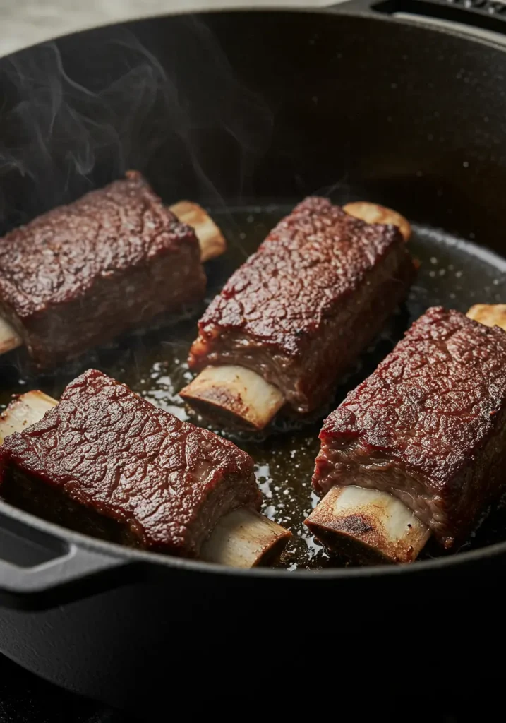 Flat short ribs being seared in a Dutch oven before braising