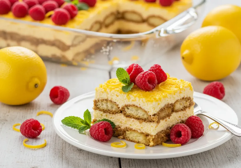 Lemon Raspberry Tiramisu layered dessert topped with fresh raspberries and mint, served on a white plate