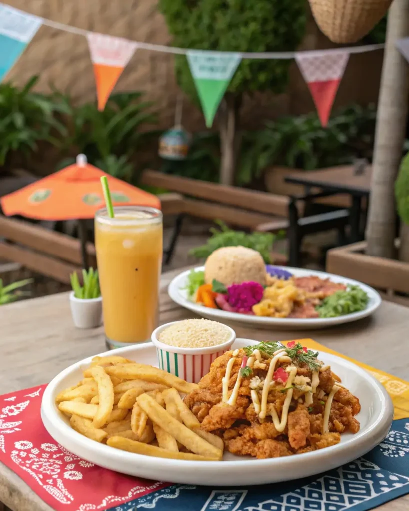 Mexican Chicken Fries served outdoors with fries, crema drizzle, queso dip, and a cold drink on a festive patio table