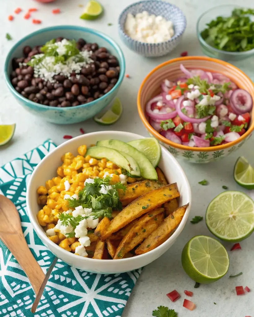 Mexican toppings for chicken fries including black beans, corn, avocado, pickled onions, and queso fresco