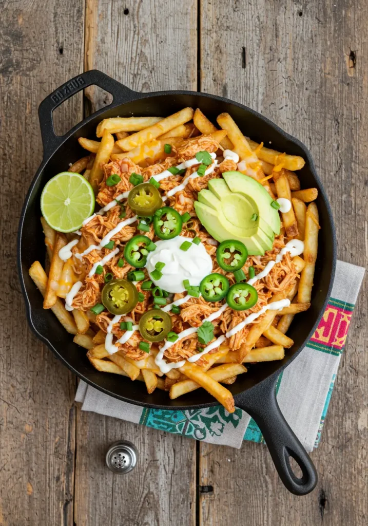 Loaded Mexican Chicken Fries topped with Tinga chicken, avocado, jalapeños, crema, and cheese served in a cast iron skillet