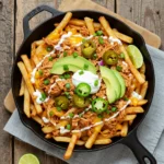 Mexican Chicken Fries in cast iron skillet with Tinga chicken, avocado, jalapeños, sour cream, cheddar, and lime wedges