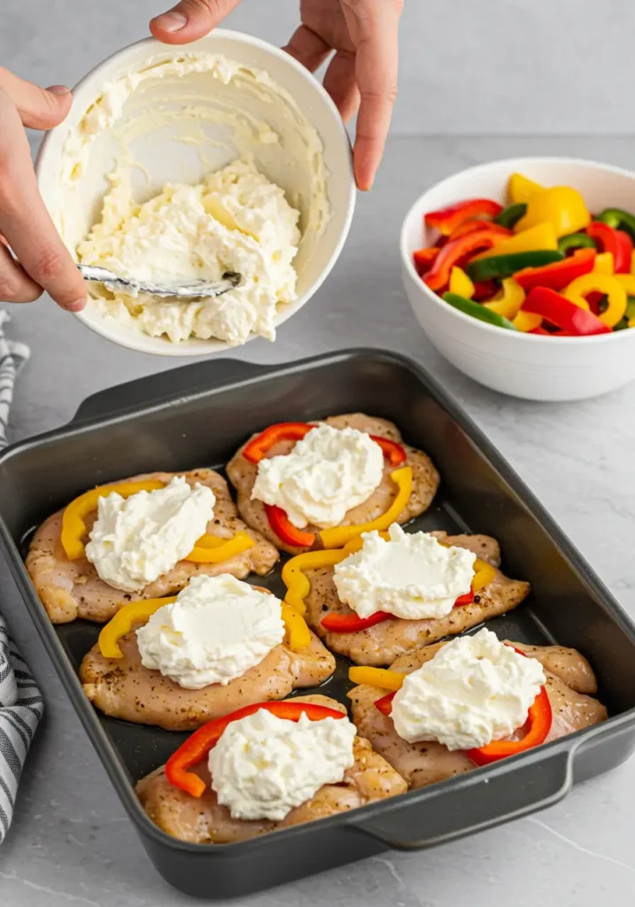 Cream cheese fajita mixture being spread over raw chicken and bell peppers in a casserole pan for cheesy baked fajita chicken.