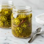 Bread and butter jalapeno peppers preserved in a jar with pickling seeds on a wood surface