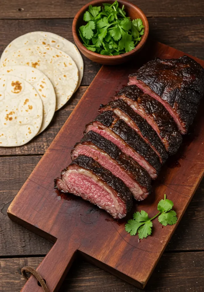 Close-up of beef cheeks smoking in foil tray with brown sugar crust