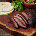 Sliced smoked beef cheeks with tortillas and fresh salsa for taco assembly