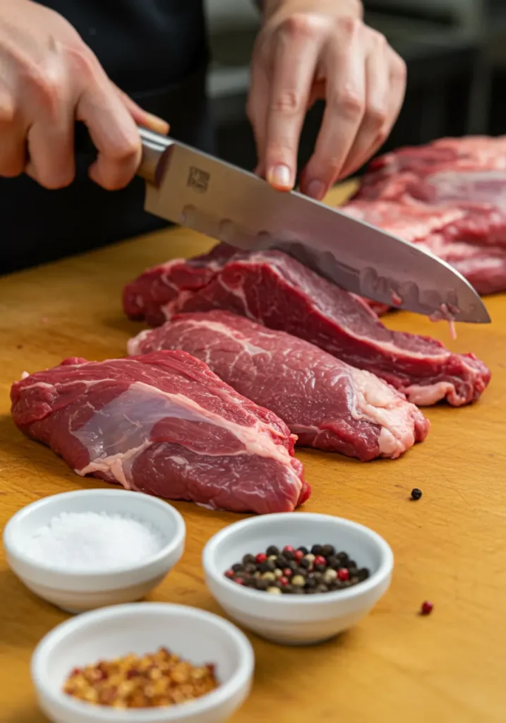 Trimming raw beef cheeks with a boning knife for smoking