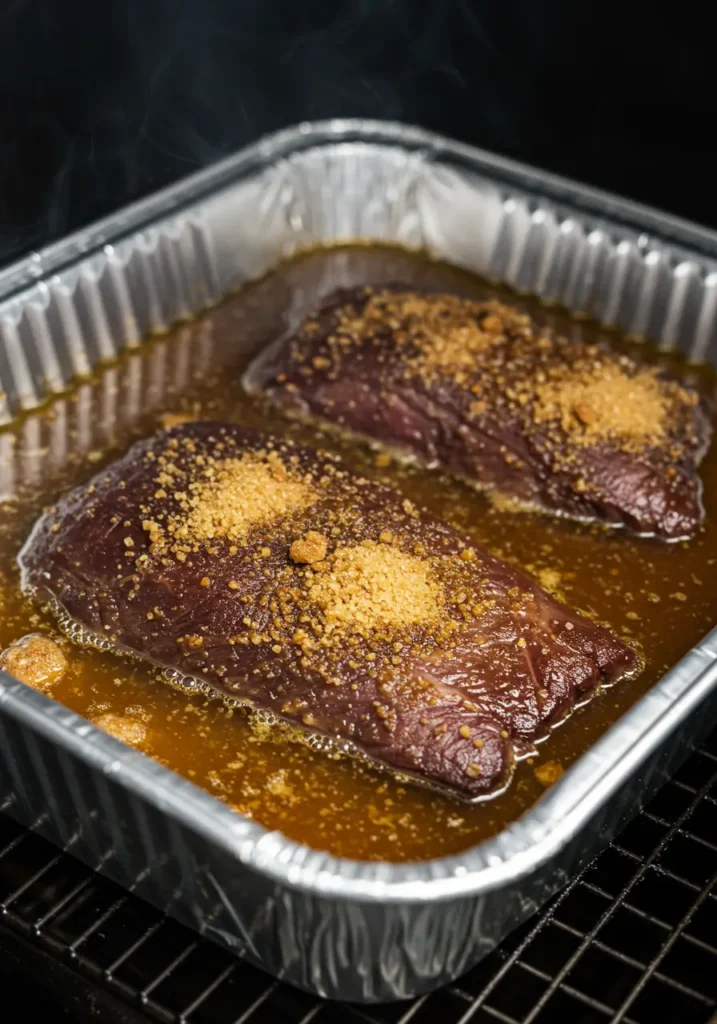 Smoking beef cheeks in aluminum tray with ginger beer and brown sugar
