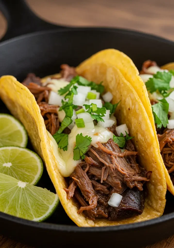 Sliced smoked beef cheeks on a cutting board with tortillas and fresh cilantro