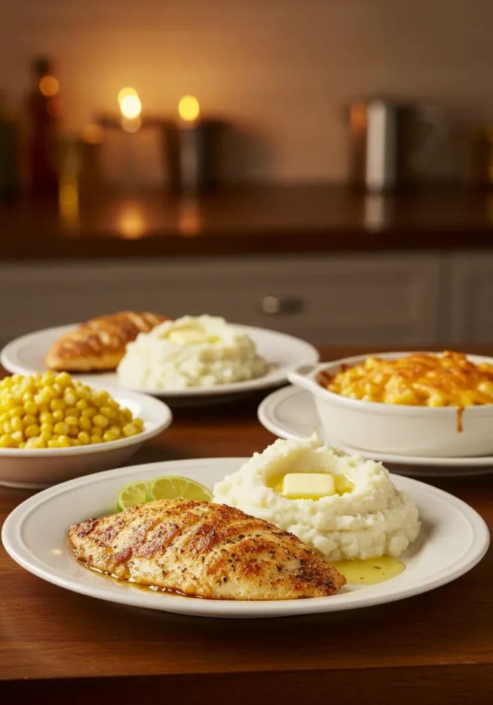 Tilapia with mashed potatoes, mac and cheese, and corn – comforting side dishes to serve with tilapia