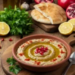 Authentic Turkish eggplant dip on a wooden platter topped with paprika, olive oil, and pomegranate seeds