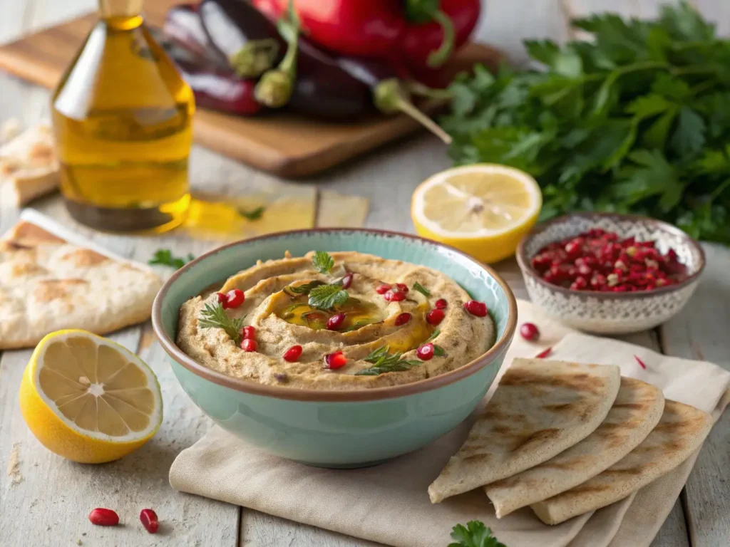 Turkish eggplant dip served in a turquoise bowl with olive oil, pomegranate seeds, parsley, lemon, and flatbread