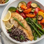 Grilled tilapia with wild rice and roasted vegetables – best healthy sides for tilapia