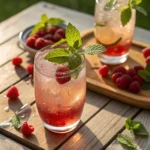 Overhead close-up shot of fresh raspberries being blended with lemon juice in a glass blender jar on a kitchen counter with natural daylight