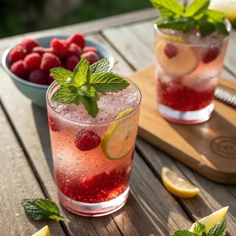 A close-up of a chilled glass of Raspberry Lemon Breeze garnished with mint, taken in natural sunlight, condensation on the glass, wood picnic table background