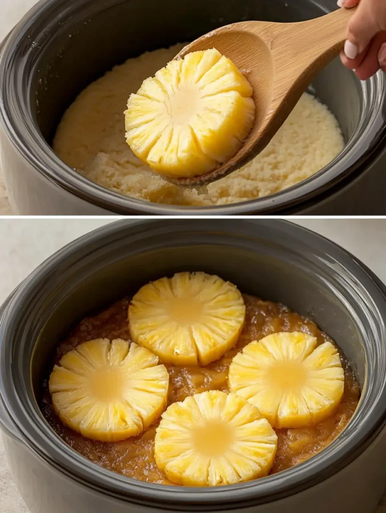 Placing fresh pineapple rings into a Crockpot filled with brown sugar mixture while preparing pineapple upside down cake.