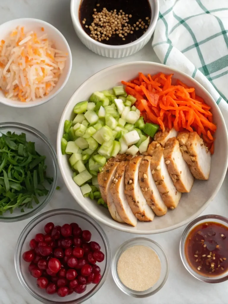 Preparing ingredients for Asian chicken cranberry salad