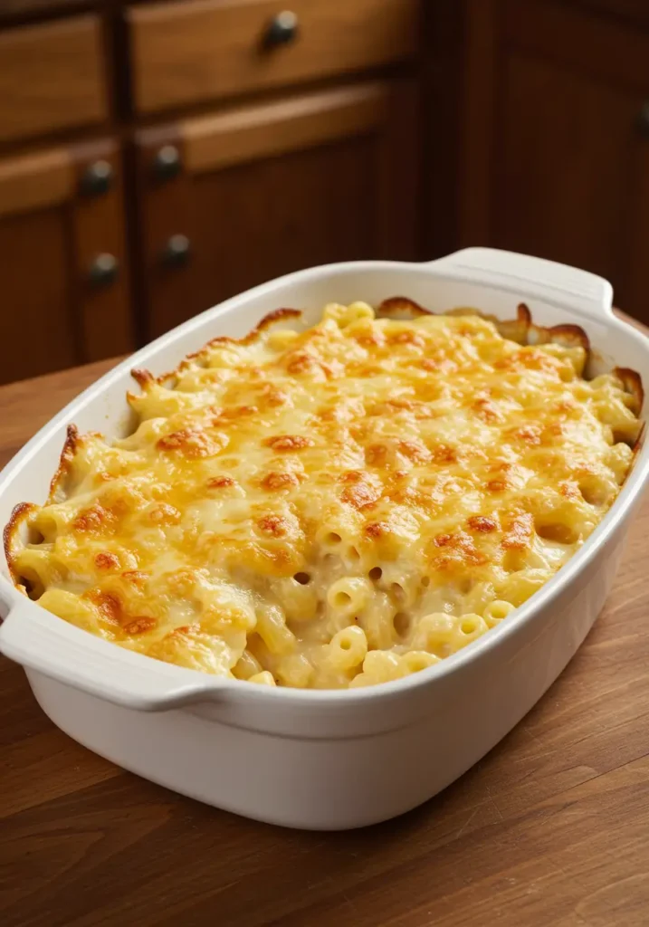 Baked Creamette macaroni and cheese recipe in a white casserole dish with a golden crispy cheese crust