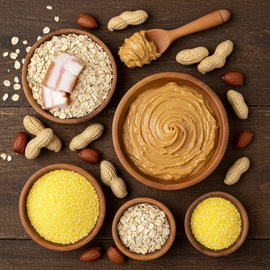 Bird suet recipe ingredients including peanut butter, cornmeal, oats, and lard in bowls