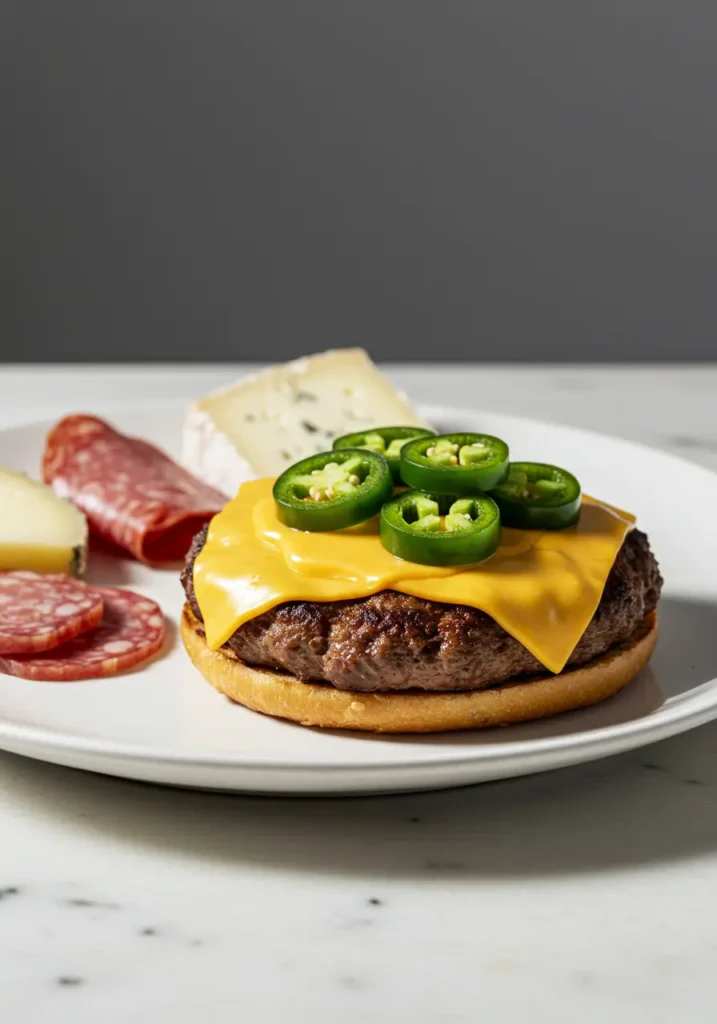 Spicy bread and butter jalapeno peppers served on a cheeseburger with charcuterie sides