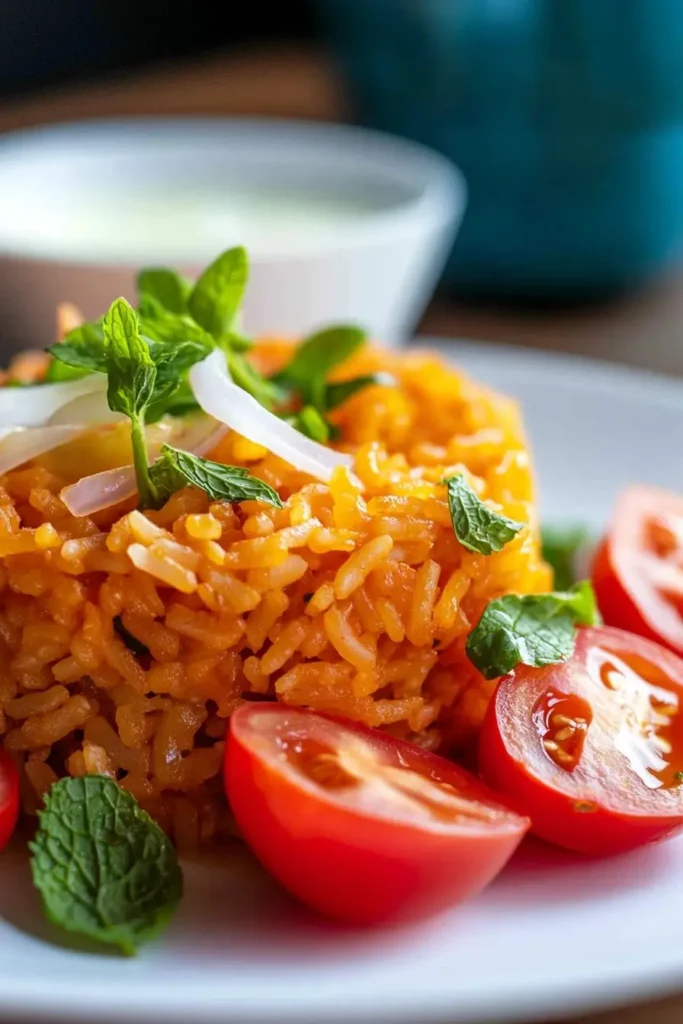 Bulgur pilaf garnished with onion rings and fresh mint leaves