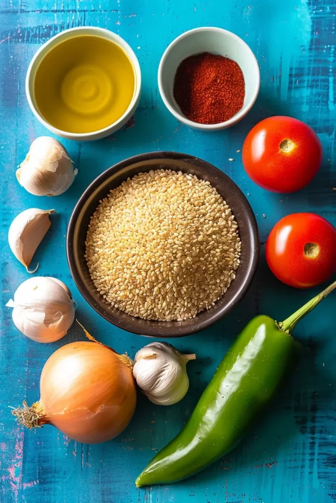 Ingredients for Turkish bulgur wheat pilaf including bulgur, green pepper, onion, garlic, and tomato
