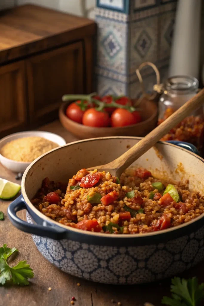 Turkish bulgur wheat pilaf simmering in tomato broth with green peppers and spices
