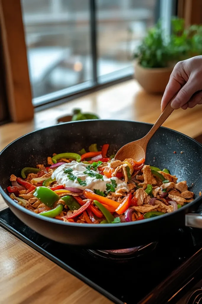 Cream cheese being mixed into cheesy fajita chicken