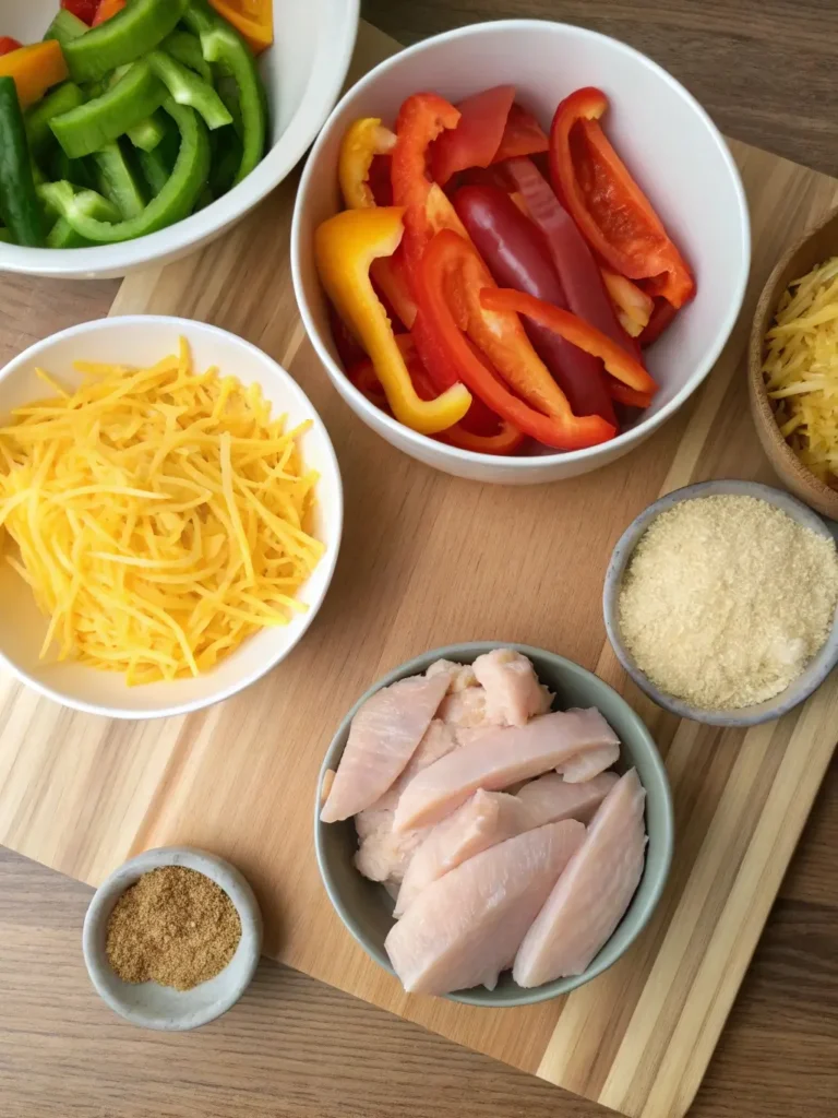 Ingredients for cheesy baked chicken fajita on wooden counter