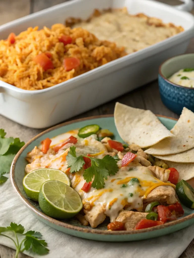 Cheesy chicken fajita with rice and tortillas
